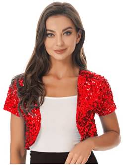 MSemis Damen Pailletten Bolero Kurze Jacke Blazer Langarm Offen Strickjacke Cardigan Festlich Vintage Glitzernd Disco Tanz Kostüm Outwear Rot Einheitsgröße von MSemis