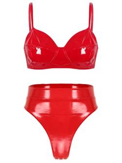 MSemis Damen Wetlook Dessous Set Brustfrei BH und Ouvert-Slip Tanga Set Leder Lack Bikini Set Erotische Reizwäsche Rot M 4XL von MSemis
