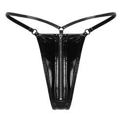 MSemis Damen Wetlook String Tanga Ouvert-Slip Hotpants Lack Leder Shorts Unterwäsche Erotik Dessous Gogo Höschen Reizwäsche mit Reißverschluss M Schwarz L von MSemis