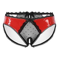 MSemis Damen Wetlook String Tanga Ouvert-Slip Hotpants Lack Leder Shorts Unterwäsche Erotik Dessous Gogo Höschen Reizwäsche mit Reißverschluss R Rot M von MSemis