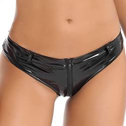 MSemis Damen Wetlook String Tanga Ouvert-Slip Hotpants Lack Leder Shorts Unterwäsche Erotik Dessous Gogo Höschen Reizwäsche mit Reißverschluss W Schwarz XL von MSemis