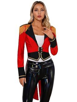 MSemis Damen Zirkus Ringmaster Kostüm Langarm Zirkusdirektor Kostüm Frack Blazer Smoking Jacke Mantel Fasching Karneval Cosplay Kostüm Uniform Rot C S von MSemis