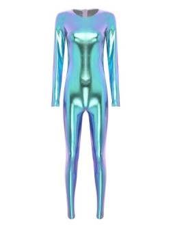 MSemis Ganzkörperanzug Damen Metallic Bodysuit Stehkragen Langarm Ganzkörper Zentai Overalls Einteiliger Bodycon Strampler Sportanzug Hosenanzug Blau A L von MSemis