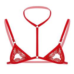 MSemis Herren BH Spitzen Tops mit Halsband Caged BH Brust Harness Stretch sexy Oberteile Sommer Shirt Bra Dekolleté für Mann A Rot One Size von MSemis