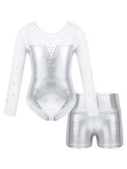 MSemis Kinder Gymnastik Trikot Mädchen Langarm Turnanzug Gymnastikanzug mit Shorts Glänzend Tanzbody Outfits Tanz Kostüme Silber 122-128 von MSemis