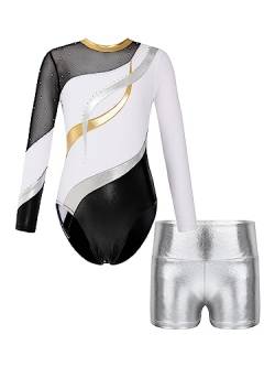 MSemis Kinder Gymnastik Trikot Mädchen Langarm Turnanzug Gymnastikanzug mit Shorts Glänzend Tanzbody Outfits Tanz Kostüme Weißsilber 122-128/7-8 Jahre von MSemis