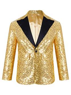 MSemis Kinder Jungen Glänzend Pailletten Sakko Langarm Blazer Slim Fit Smoking Jacke mit V-Aussschnitt Hochzeit Geburtstag Anzugjacke Gold 158-164 von MSemis