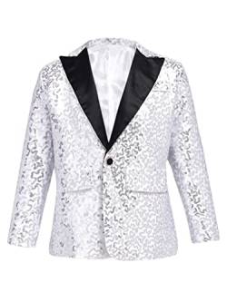 MSemis Kinder Jungen Glänzend Pailletten Sakko Langarm Blazer Slim Fit Smoking Jacke mit V-Aussschnitt Hochzeit Geburtstag Anzugjacke Silber 146-152 von MSemis