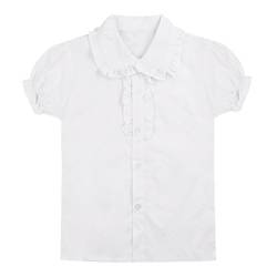 MSemis Kinder Mädchen Bluse Hemd Oxford mit Puff Ärmel Kurzarm T-Shirt Slim Fit Gr. 104-158 Weiß 122-128 von MSemis