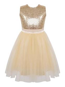 MSemis Kinder Mädchen Pailletten Kleid Ärmellos Blumenmädchen Tüllkleid Hochzeit Geburtstag Prinzessin Ballkleid Gr.104 116 128 140 152 164 Champagner 140 von MSemis