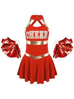 MSemis Mädchen Cheer Leader Kleid Cheerleading Kostüm Äremllos/Langarm Tanzkleid Kinder Karneval Fasching Kostüm Gr.110-164 Rot A 170-176 von MSemis