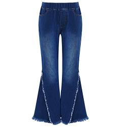 MSemis Mädchen Jeans Hose Elastische Band Schlaghose Denim Hose Kinder Hohe Taillle Lang Hose Slim Fit Jeanshosen Gr.110-176 Dunkelblau E 164 von MSemis