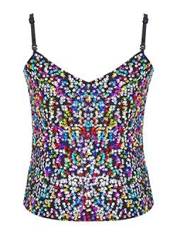 MSemis Mädchen Unterhemd Glitzer Pailletten Tank Top Trägershirt Verstellbare Fasching Party Jazz Oberteil Gold/Silber/Schwarz/Lila/Blau W Bunt 140-152 von MSemis