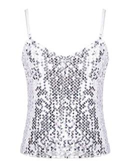 MSemis Mädchen Unterhemd Glitzer Pailletten Tank Top Trägershirt Verstellbare Fasching Party Jazz Oberteil Gold/Silber/Schwarz/Lila/Blau W Silber 140-152 von MSemis