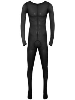 MSemis Transparent Mesh Herren Overall Catsuit Unterwäsche Ouvert-Body Männer Bodysuit Langarm Einteiler Erotik Unterhose Strumpfhosen Clubwear Typ B Schwarz Einheitsgröße von MSemis