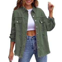 MTROTE HXUE Zerrissene Jeansjacke mit groben Kanten mittellange zerrissene Jeansjacke für Frauen Frühling und Herbst Casual Tops mit Revers und Taschen, Armeegrün, 46 von MTROTE HXUE