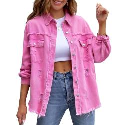 MTROTE HXUE Zerrissene Jeansjacke mit groben Kanten mittellange zerrissene Jeansjacke für Frauen Frühling und Herbst Casual Tops mit Revers und Taschen, Rosa, 42 von MTROTE HXUE