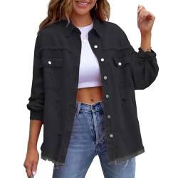 MTROTE HXUE Zerrissene Jeansjacke mit groben Kanten mittellange zerrissene Jeansjacke für Frauen Frühling und Herbst Casual Tops mit Revers und Taschen, Schwarz , 46 von MTROTE HXUE