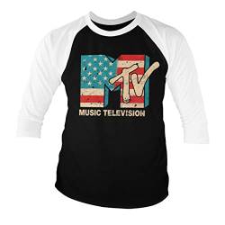 MTV Offizielles Lizenzprodukt Distressed USA-Flag Baseball 3/4 Ärmel T-Shirt (Weiß-Schwarz), L von MTV