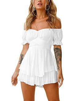 MUCOO Damen Schulterfrei Knoten Jumpsuits Romper Layer Rüschen Saum Shorts Playsuit Gr. Medium, A-weiß von MUCOO