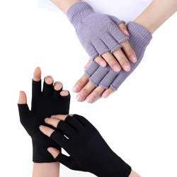 MUFEKUM Halbfinger handschuhe, 2 Paar Unisex Fingerlose Handschuhe, Gestrickte Warme Winter Handschuhe ohne Fingerkuppen für Männer und Damen (Schwarz+Grau) von MUFEKUM