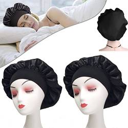 MUFEKUM Satin Schlafmütze, Satin Bonnet Seide Schlafhaube, Atmungsaktive Schlafkappe Nachtmütze Bonnet, Große Seide haube zum Schlafen Weiche Satin Haube für Damen Mädchen (2 Schwarz) von MUFEKUM