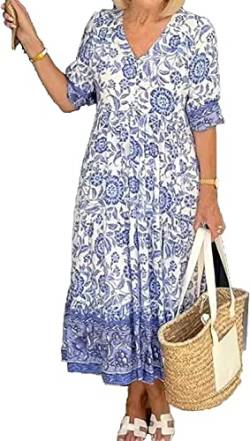 Hermosor Dresses V Neck Bohemian Dress for Women,Summer Causal Floral Printed Beach Dress,Short Loose Waist Puff Sleeve Dress (XL, Blue) von MUGUOY