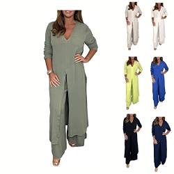 MUGUOY Casual Two Pieces Suit With Long Top & Matching Trouser, Summer V Neck Side Slit Long Sleeve Blouse and Wide Leg Pants Set, Soft Comfortable Fabric. (XL, Green) von MUGUOY