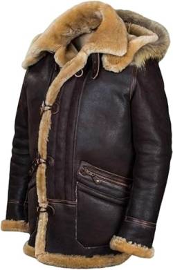 MUGUOY Jacket Pilot From Sheepskin Parka Art,Men's Winter Warm Fleece Lined Removable Vintage Hood Jacket Aviator Coat (4XL, Brown) von MUGUOY