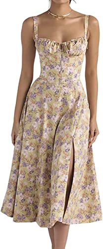 MUGUOY Print Bustier Sundress, 2023 New Women Floral Corset Midi Dress, Summer Boho Square Neck Sleeveless Flowy Slit Print Fitted Cami Dress. (L, Purple Flowers) von MUGUOY