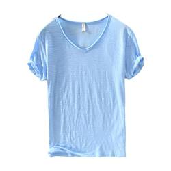 Premium Cotton Shirt, Men's Classic Fit Cotton Short-Sleeve,Breathable Casual Basic Tops T Shirts,V-Neck Undershirts for Men. (M, Light Blue) von MUGUOY