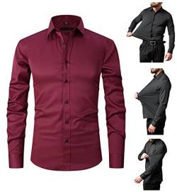 Stretch Anti-Wrinkle Shirt Men,Men's Long Sleeve Cotton Dress Shirts,Solid Slim Fit Casual Social Business Button Up Shirt. (S, Weinrot) von MUGUOY