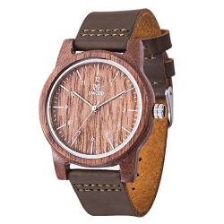 MUJUZE Herren Analoge Japanisch Quarzwerk 40mm Sandelholz Ziffernblatt Holzuhren mit Schwarz Leder Armband (Walnut) von MUJUZE