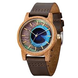 MUJUZE Herren Holzuhr Uhren Damen Analoge Japanisch Quarzwerk 40mm Sandelholz Ziffernblatt Holzuhren mit Schwarz Leder Armband … (Mango) von MUJUZE