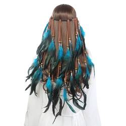 Böhmische Pfau Feder Kopfschmuck Stirnband Erwachsene Mädchen Boho Indisch Haar Band Stirnband Faschingskostüme Feder Stirnbänder Zubehoer für Abendkleider Festival Party Karneval (Blue, One Size) von MUMEOMU