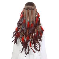 Böhmische Pfau Feder Kopfschmuck Stirnband Erwachsene Mädchen Boho Indisch Haar Band Stirnband Faschingskostüme Feder Stirnbänder Zubehoer für Abendkleider Festival Party Karneval (Red, One Size) von MUMEOMU