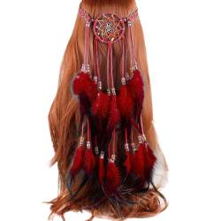 Damen Böhmische Pfau Feder Stirnband Kopfschmuck Faschingskostüme Erwachsene Mädchen Boho Indisch Haar Band Stirnband Feder Stirnbänder Zubehoer für Abendkleider Festival Party (Red, One Size) von MUMEOMU