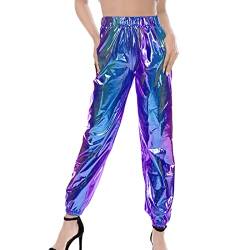 Damen Glänzend Wetlook Hose Elastischer Metallic Cargohose Hohe Taille Shiny Hip Hop Disco Fasching Karneval Kostüm Casual Tanzhose Lackleder Jogger Sporthose Streethose Partyhose Clubwear von MUMEOMU