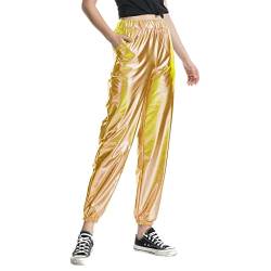 Damen Glänzend Wetlook Metallic Cargohose Elastischer Hohe Taille Hose Shiny Hip Hop Tanzhose Lackleder Jogger Casual Sporthose Streethose Partyhose Nachtclub Disco Fasching Karneval Kostüm Clubwear von MUMEOMU