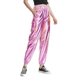 Damen Glänzend Wetlook Metallic Cargohose Elastischer Hohe Taille Hose Shiny Hip Hop Tanzhose Lackleder Jogger Casual Sporthose Streethose Partyhose Nachtclub Disco Fasching Karneval Kostüm Clubwear von MUMEOMU