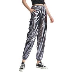 Damen Glänzend Wetlook Metallic Cargohose Elastischer Hohe Taille Hose Shiny Hip Hop Tanzhose Lackleder Jogger Casual Sporthose Streethose Partyhose Nachtclub Disco Fasching Karneval Kostüm Clubwear von MUMEOMU