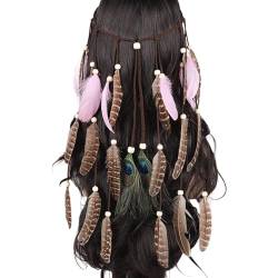 Damen Stirnbänder Hippie Boho Haarband Pfau Feder Kopfschmuck Flechten Haarschmuck Indisch Kopfschmuck Vintage Feder Quasten Party Zubehoer für Frauen Festival Karneval Frauen Mädchen (Pink, One Size) von MUMEOMU