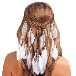 Feder Kopfschmuck Boho Hippie Stirnband Festival Federschmuck Böhmische Haarband mit Federn, Hippie Indisch Karneval Kopfbedeckung Quaste Kostüm Accessoires für Damen Mädchen (White, One Size) von MUMEOMU