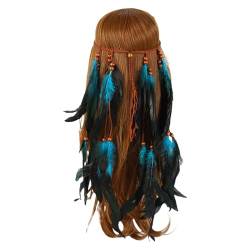 Frauen Bohemian Haarschmuck Feder Quasten Stirnband Haarband mit Federn, indianisch Hippie Boho Festival Party Feder Haarband Kopfschmuck Accessoires Karneval Kostüm, für (Blue, One Size) von MUMEOMU