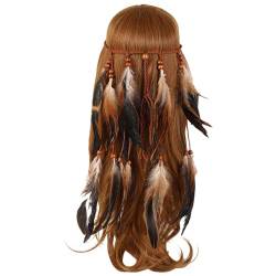 Frauen Bohemian Haarschmuck Feder Quasten Stirnband Haarband mit Federn, indianisch Hippie Boho Festival Party Feder Haarband Kopfschmuck Accessoires Karneval Kostüm, für (Brown, One Size) von MUMEOMU