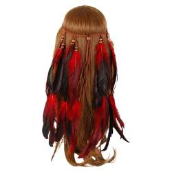 Frauen Bohemian Haarschmuck Feder Quasten Stirnband Haarband mit Federn, indianisch Hippie Boho Festival Party Feder Haarband Kopfschmuck Accessoires Karneval Kostüm, für (Red, One Size) von MUMEOMU