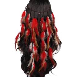 Haarband mit Federn indianisch Bohemian Haarschmuck Frauen Mädchen Pfau Feder Quasten Stirnband Gürtel Haarband Hippie Boho Haarbänder Vintage Festival Party Karneval Headwear (Red, One Size) von MUMEOMU