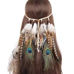 Haarband mit Federn indianisch Frauen Bohemian Haarschmuck Feder Quasten Stirnband Hippie Boho Festival Party Karneval Kostüm Accessoires Kopfschmuck Feder Haarband, für (Khaki, One Size) von MUMEOMU
