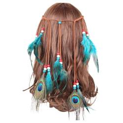 Indian Feather Stirnband Boho Quaste Hippie Pfau Feder Quasten Kopfschmuck Vintage Festival Karneval Party Headwear Flechten Haar Band Stirnband Haarschmuck für Damen Frauen (Sky Blue, One Size) von MUMEOMU