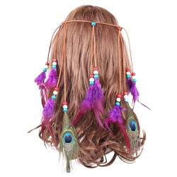 Indian Feather Stirnband Boho Quaste Hippie Pfau Feder Quasten Kopfschmuck Vintage Festival Karneval Party Headwear Flechten Haar Band Stirnband Haarschmuck für Damen Frauen Mädchen (Purple, One Size) von MUMEOMU